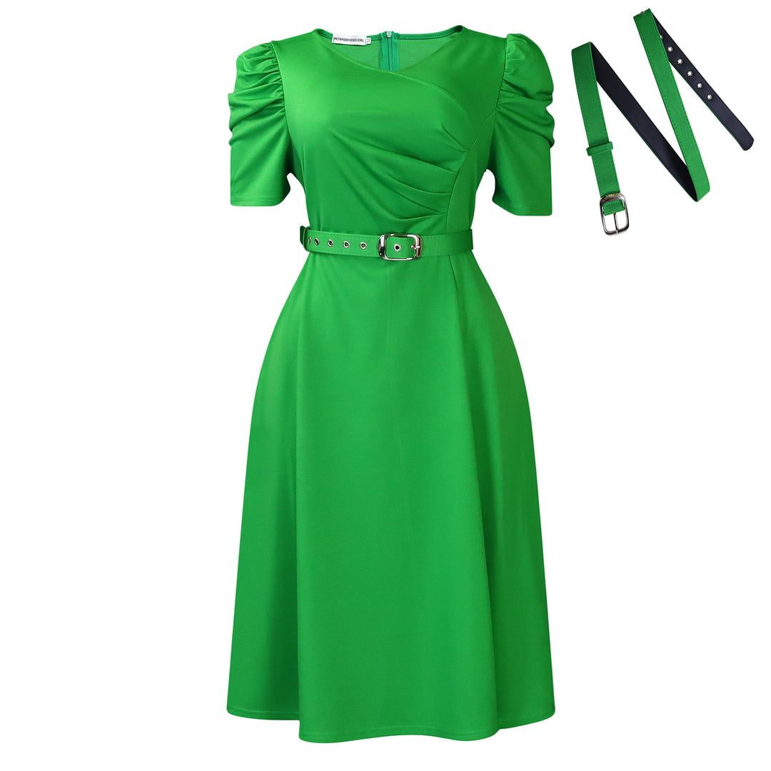 Damen Midi-Kleid mit eleganten Puffärmeln und tailliertem Gürtel Drune