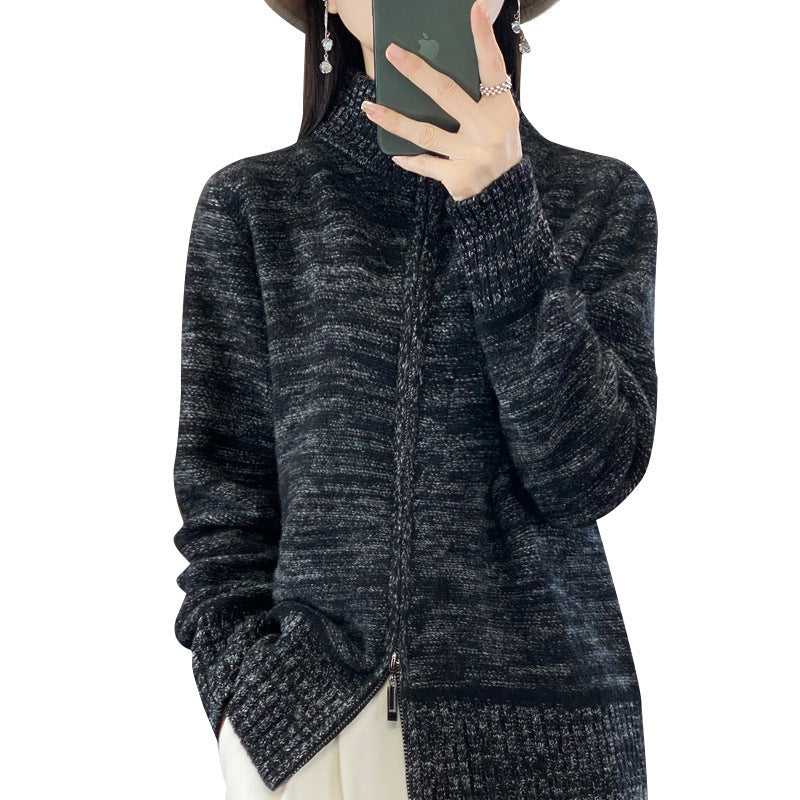 Damen Reißverschluss‑Strickjacke mit melierter Struktur und Stehkragen Drune