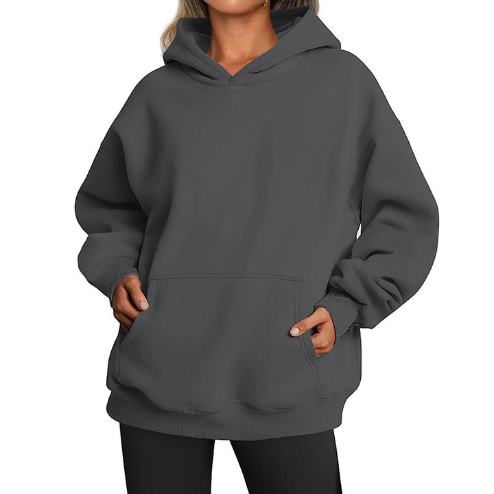 Damen nan Relax-Fleece Kapuzenpullover mit Kängurutasche, verlängerter Rücken und überschnittener Schulter Drune