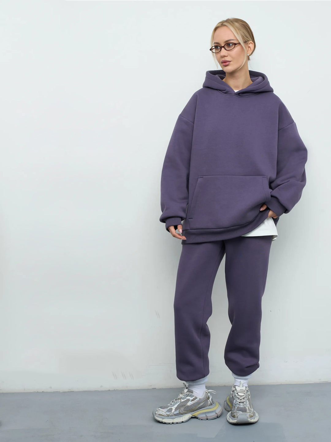 Damen großzügiger Kapuzenpullover Oversize mit Kängurutasche und weichem French-Terry Drune