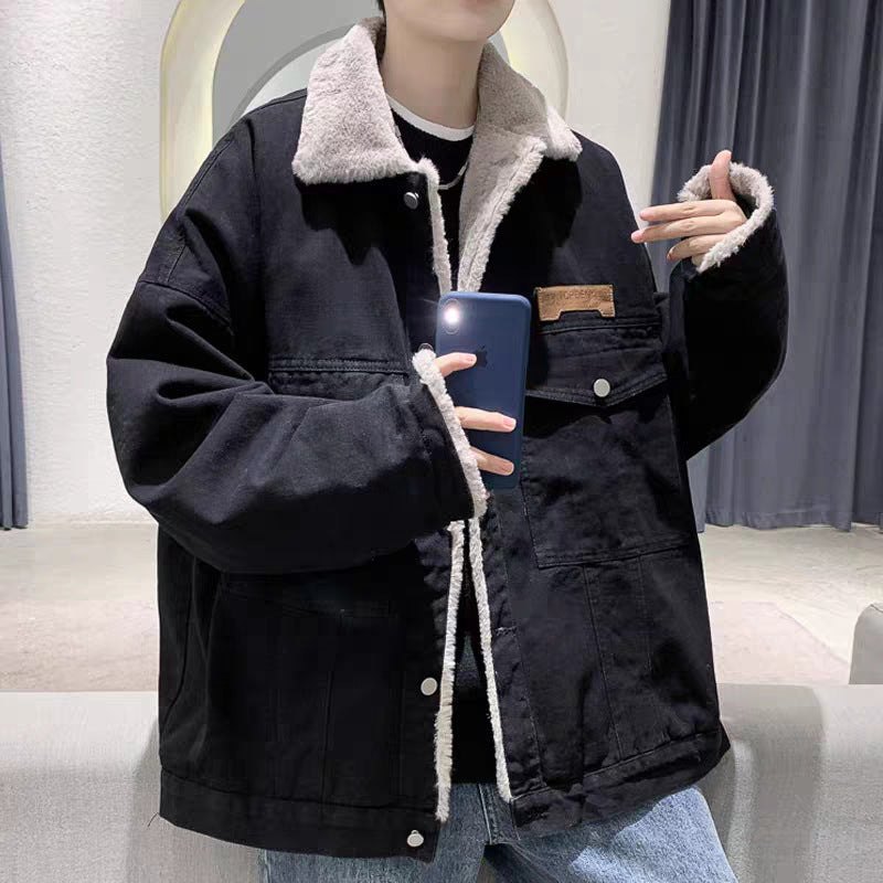 Herren Gefütterte Oversized Denimjacke mit Teddyfutter und Pattentaschen Drune