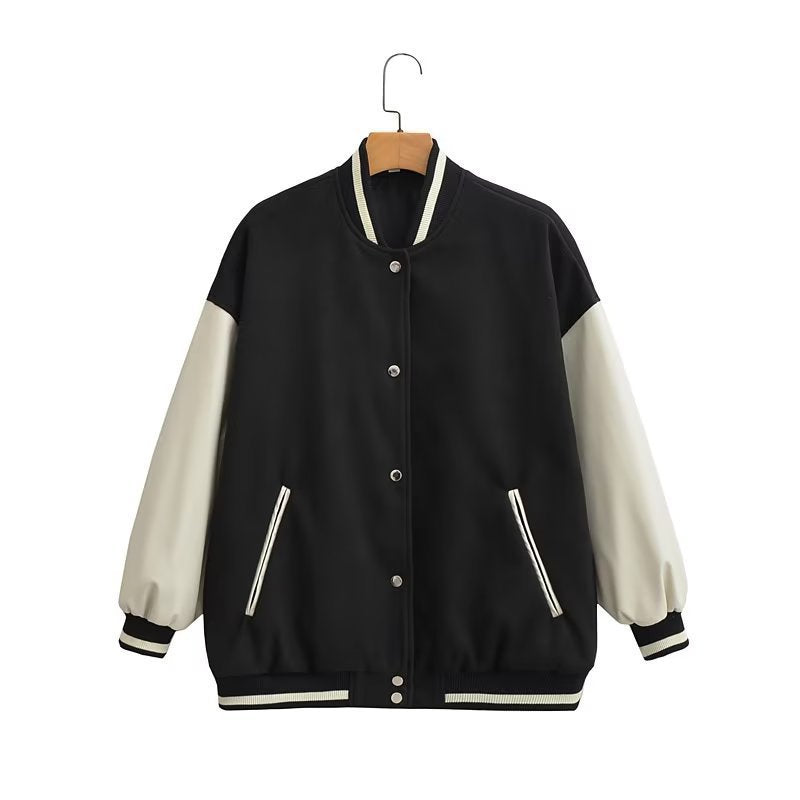 Damen Lässige Collegejacke mit kontrastierenden Ärmelakzenten und praktischen Taschen Drune