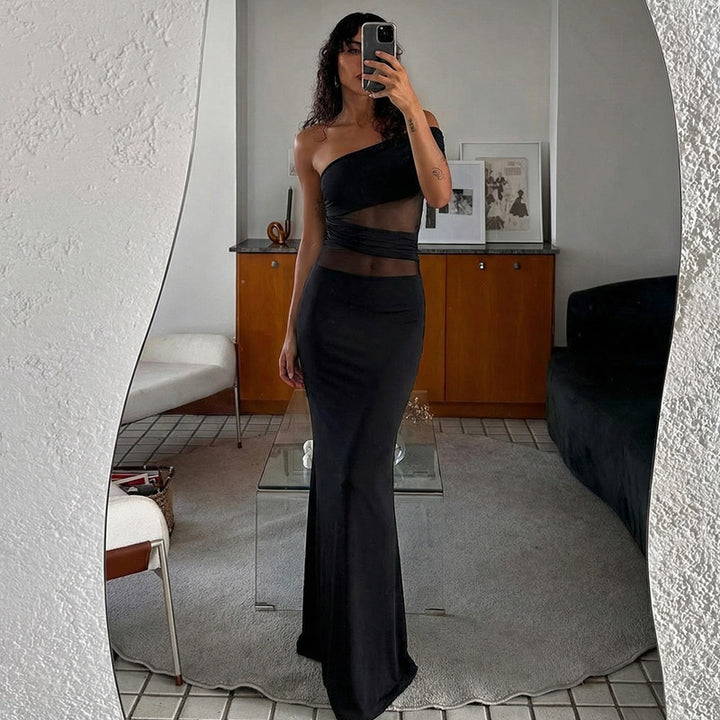 Damen Elegantes Maxikleid mit asymmetrischem Oberteil und Raffungen Drune