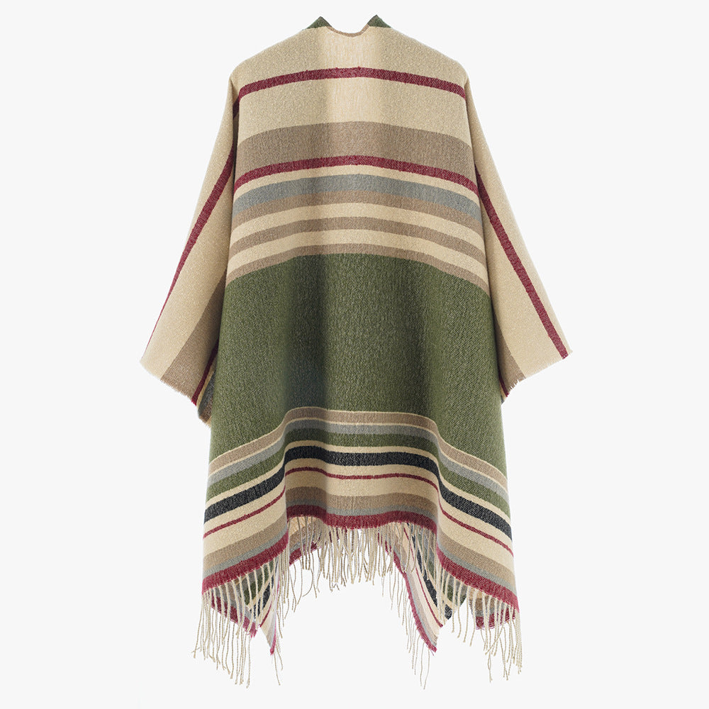 Damen Gestreifter Wollmix-Capeponcho mit Fransen Drune