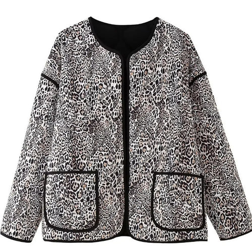 Damen gesteppte Oversize-Jacke mit Leoprint, Rundhalsausschnitt und aufgesetzten Taschen Drune