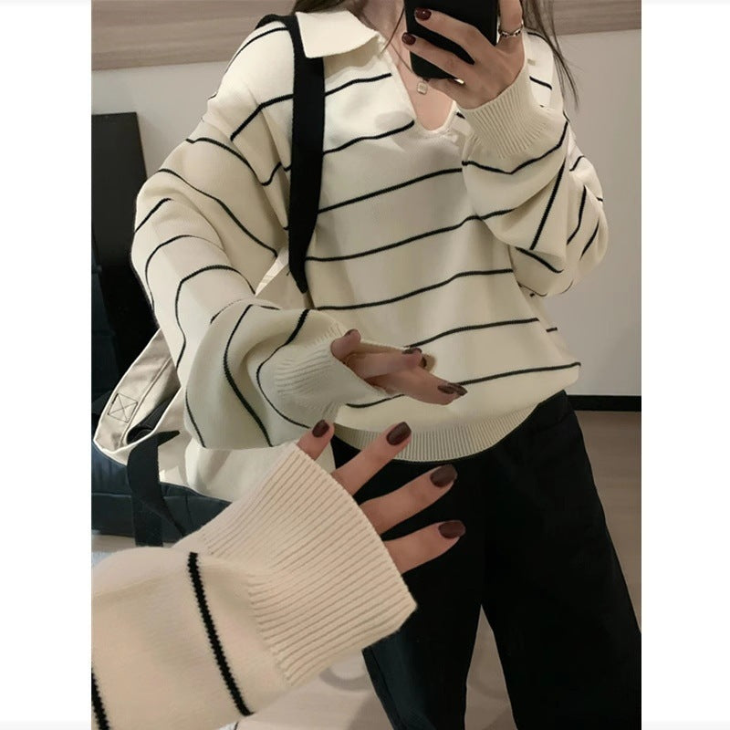 Damen Lässiger Oversize‑Strickpullover mit Polokragen und feiner Querstreifenoptik Drune