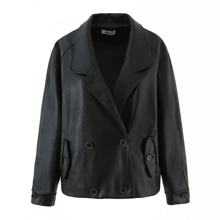 Damen modische Kunstlederjacke mit doppelter Knopfleiste und elegantem Schnitt Drune