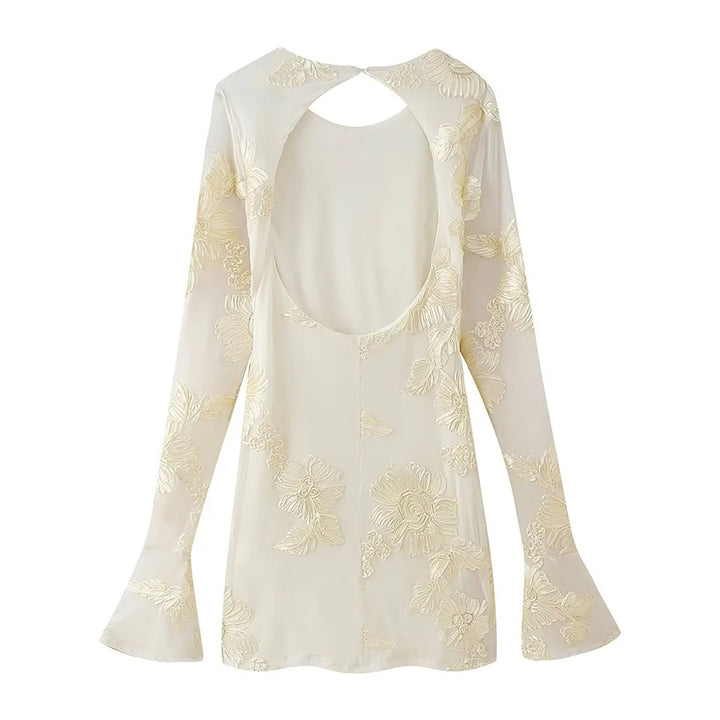 Damen nan bestickte Chiffonbluse mit floraler 3D-Applikation, Cut-Out Rücken und ausgestellten Manschetten Drune