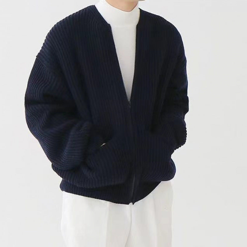 Unisex Oversized Boxy-Strickjacke mit verdecktem Reißverschluss und breiter Rippenstruktur Drune