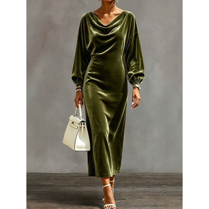 Damen Midikleid aus Samt mit drapiertem Wasserfallkragen und Ballonärmeln Drune