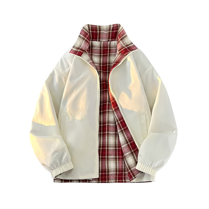 Unisex Wende-Utility-Jacke mit kariertem Innenfutter, Stehkragen und elastischen Bündchen Drune