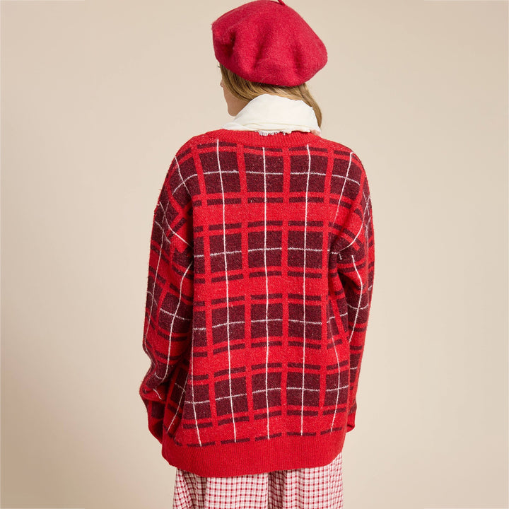 Damen Oversize Karierter Strickcardigan mit Bindegürtel & aufgesetzten Taschen Drune