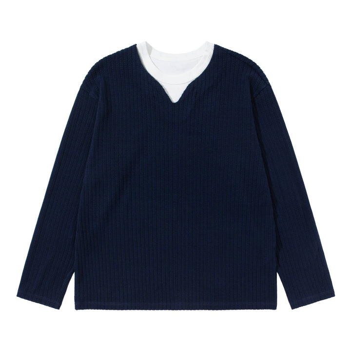 Unisex Gerippter Langarmpullover mit V-Notch und eingesetztem Rundhals-Underlayer Drune