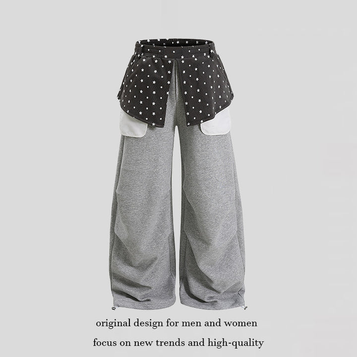 Damen Weite Palazzo-Loungehose mit Lagen-Einsatz, Sternapplikation & großen Kontrasttaschen Drune