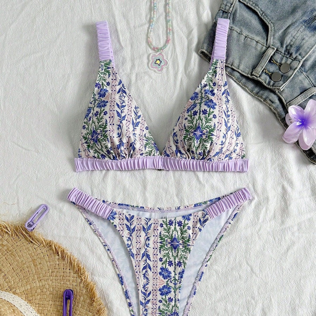 Damen Triangel-Bikini mit floralem Design und Rüschendetails Drune