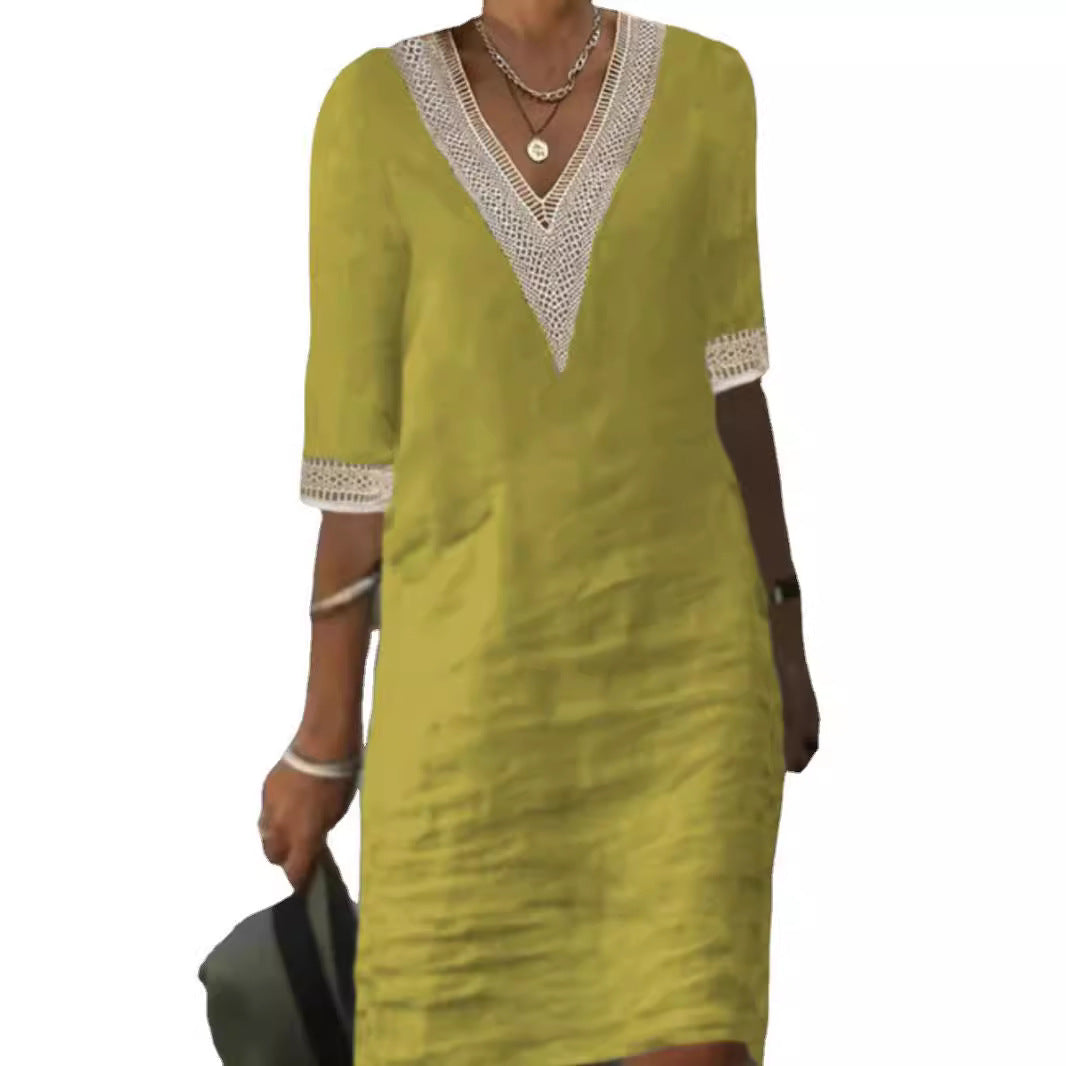 Damen Leinenlook Midi Kleid mit gehäkeltem V-Ausschnitt und 3/4 Ärmeln Drune