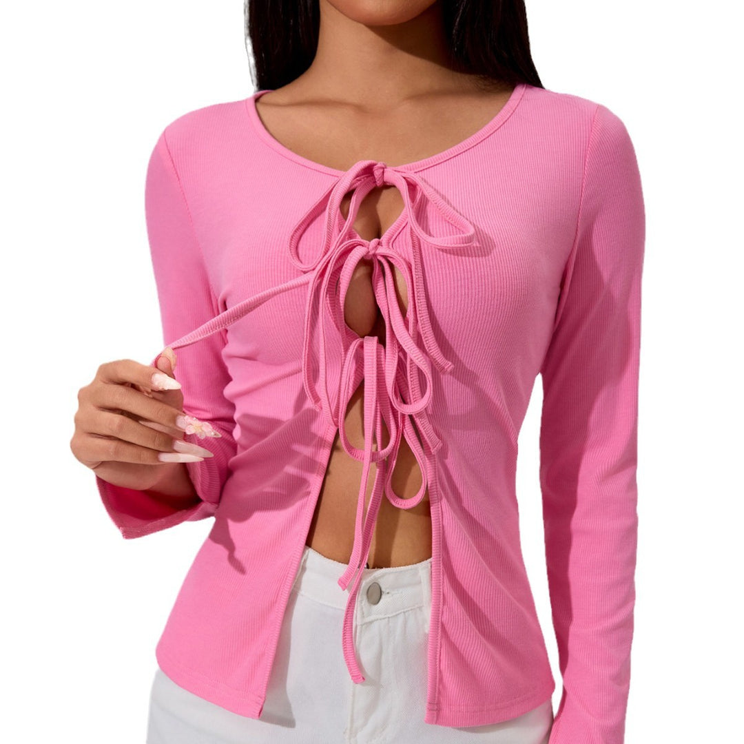Damen geripptes Longsleeve-Top mit mehrfachem Front-Schnürdetail, Cut-Outs und taillierter Passform Drune