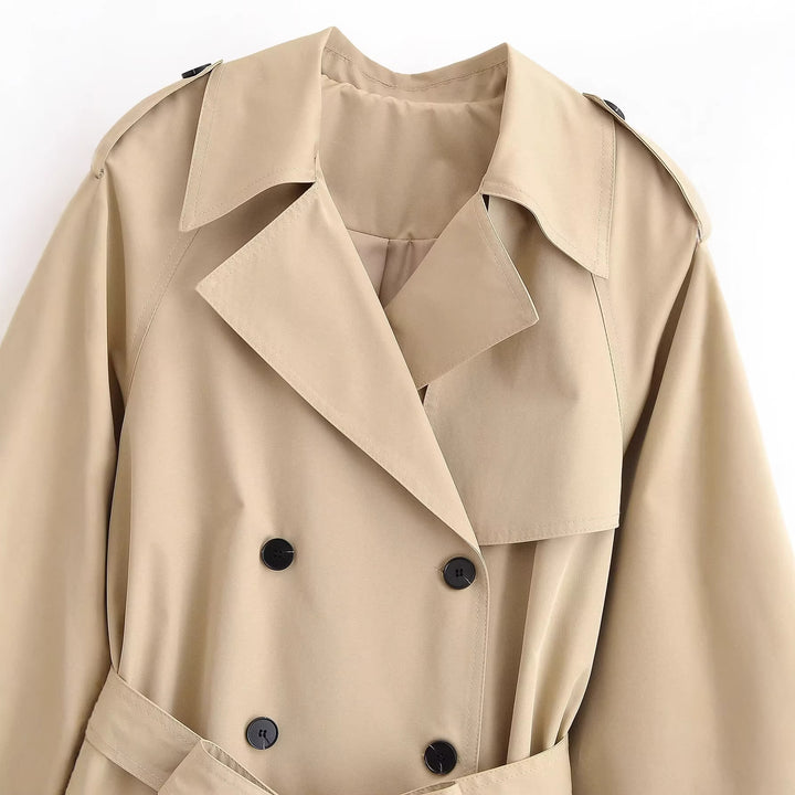Damen 30+ kurzer taillierter Cropped Trenchcoat mit doppelreihiger Knopfleiste und Bindegürtel Drune