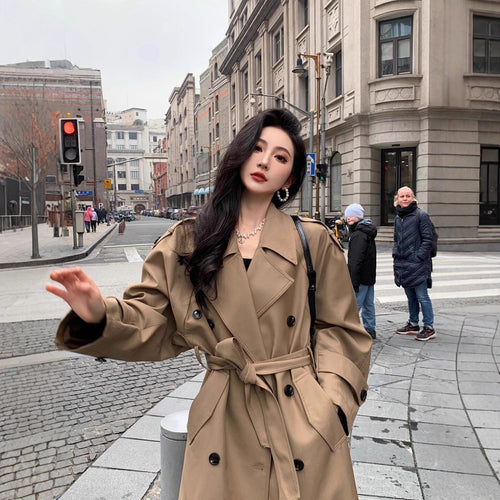 Damen Moderner Boxy-Trenchcoat mit markanter Schulterpartie und Taillengürtel Drune