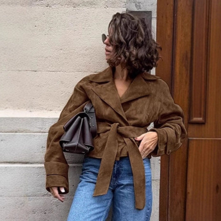 Damen Modische Wildlederjacke mit Gürtel und tailliertem Schnitt Drune