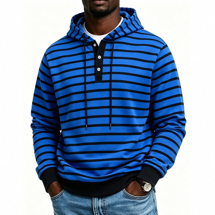 Herren Kapuzenpullover mit Henley-Knopfleiste und feinem Streifenstrukturmuster Drune