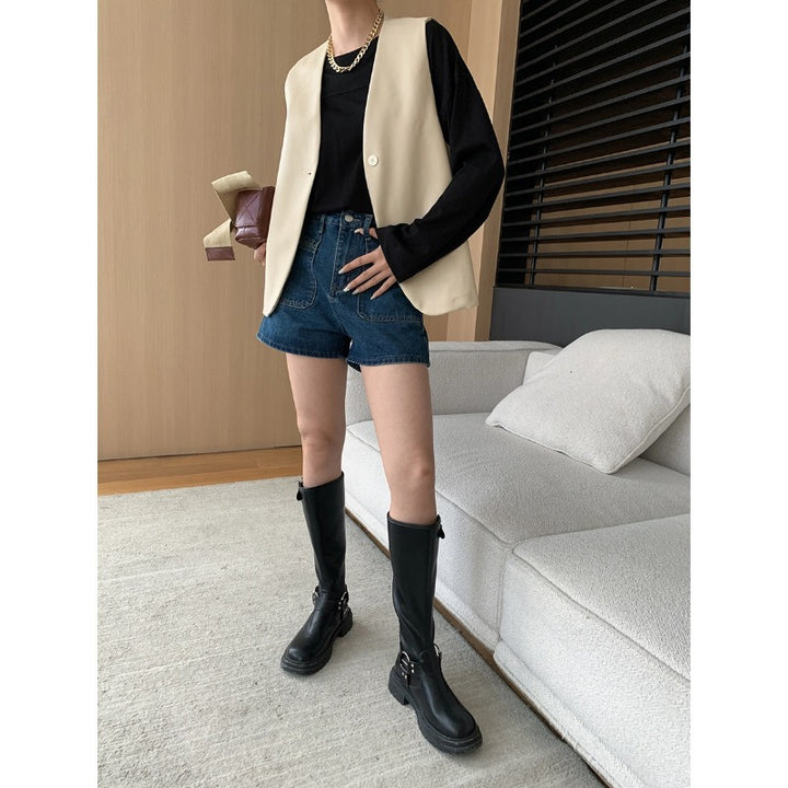 Damen elegante Weste aus veganem Leder mit schickem Schnitt Drune