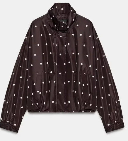 Damen Gepunktete Cropped Blousonjacke mit Stehkragen, elastischem Saum und verdeckter Knopfleiste Drune