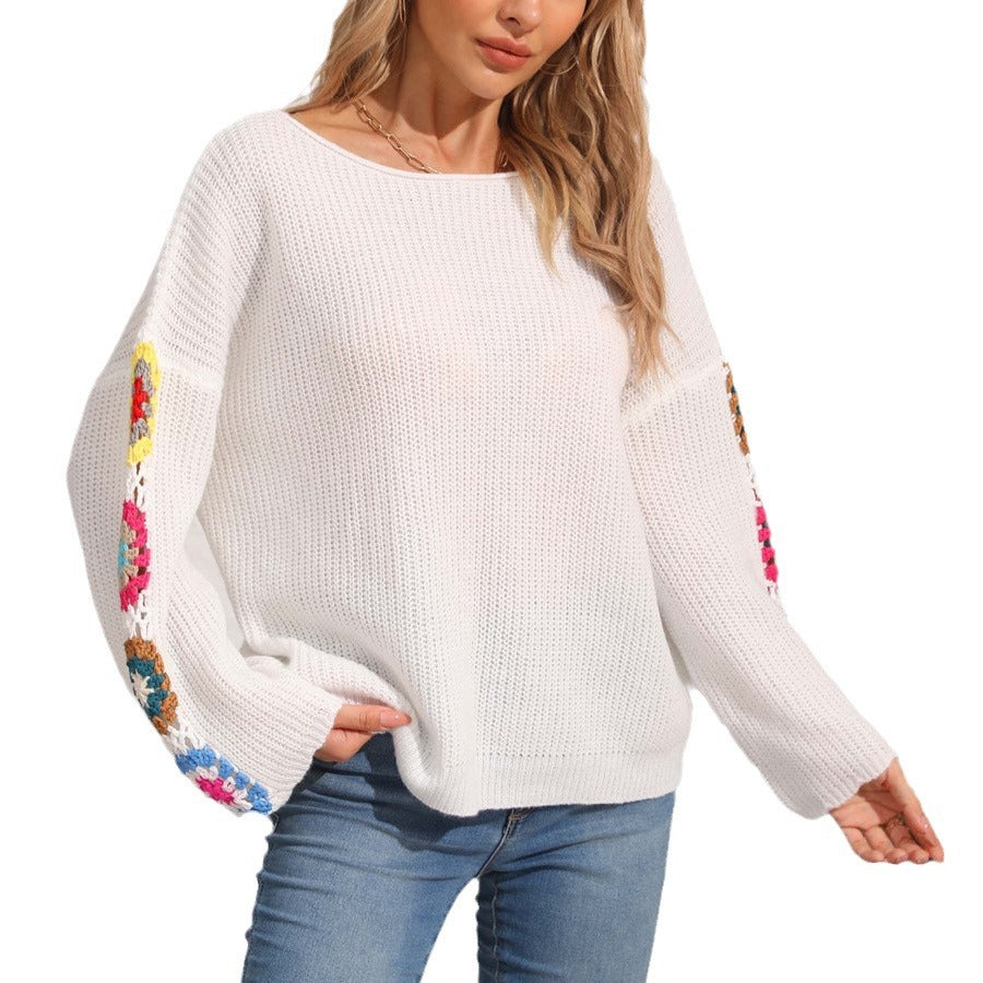Damen eleganter Pullover mit bunten Häkelapplikationen an den Ärmeln Drune