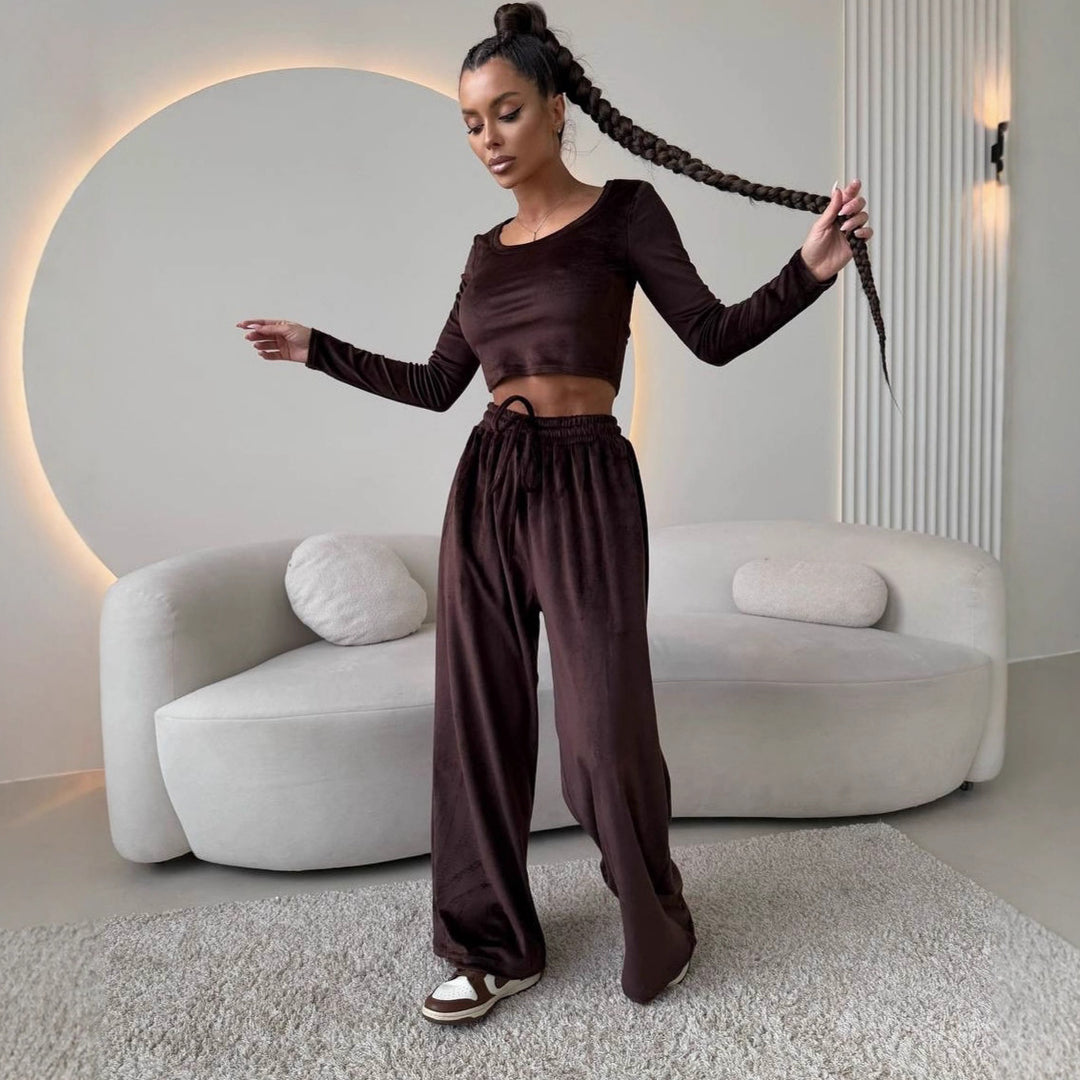 Damen Samt-Loungewear-Set mit Cropped-Langarmshirt und hoher Taillen-Palazzohose Drune