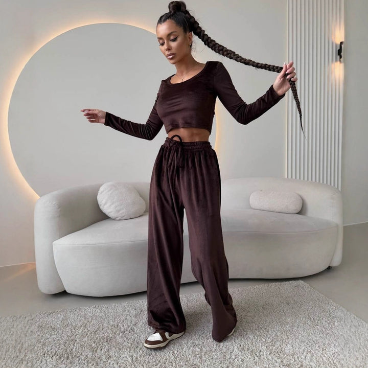 Damen Samt-Loungewear-Set mit Cropped-Langarmshirt und hoher Taillen-Palazzohose Drune