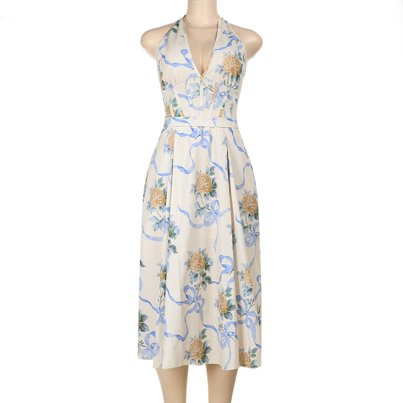 Damen Elegantes Blumen-Midikleid mit tiefem V-Ausschnitt Drune