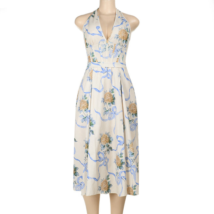 Damen Elegantes Blumen-Midikleid mit tiefem V-Ausschnitt Drune