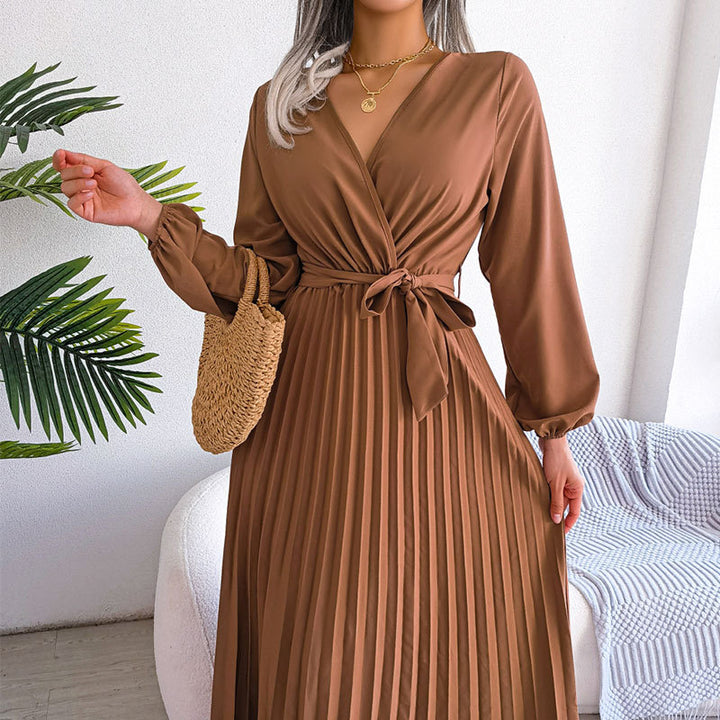 Damen Wickelkleid mit Faltenrock und langem Arm Drune