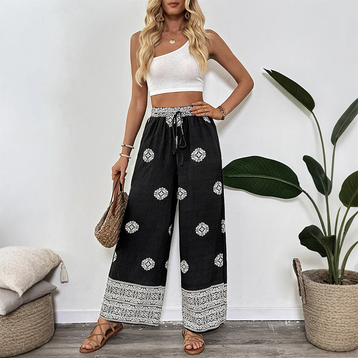 Damen Boho-Print Palazzohose mit weitem Bein, elastischem Tunnelzugbund und seitlichen Taschen Drune