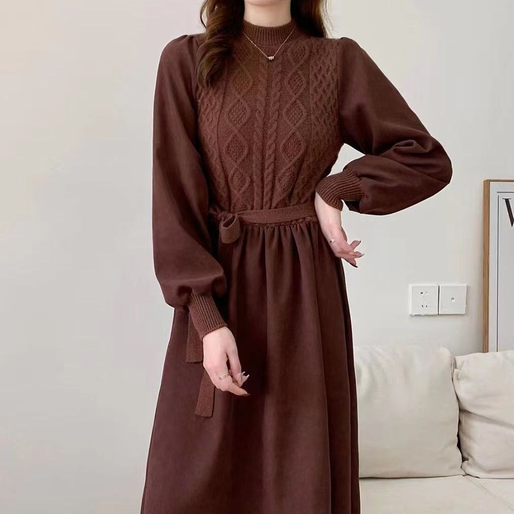 Damen Strickkleid mit strukturiertem Oberteil und Puffärmeln Drune