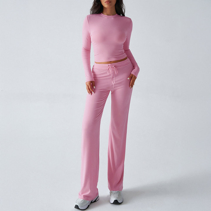 Damen nan tailliertes Longsleeve-Crop-Top und weite Lounge-Hose im Zweiteiler-Set aus Stretchjersey Drune