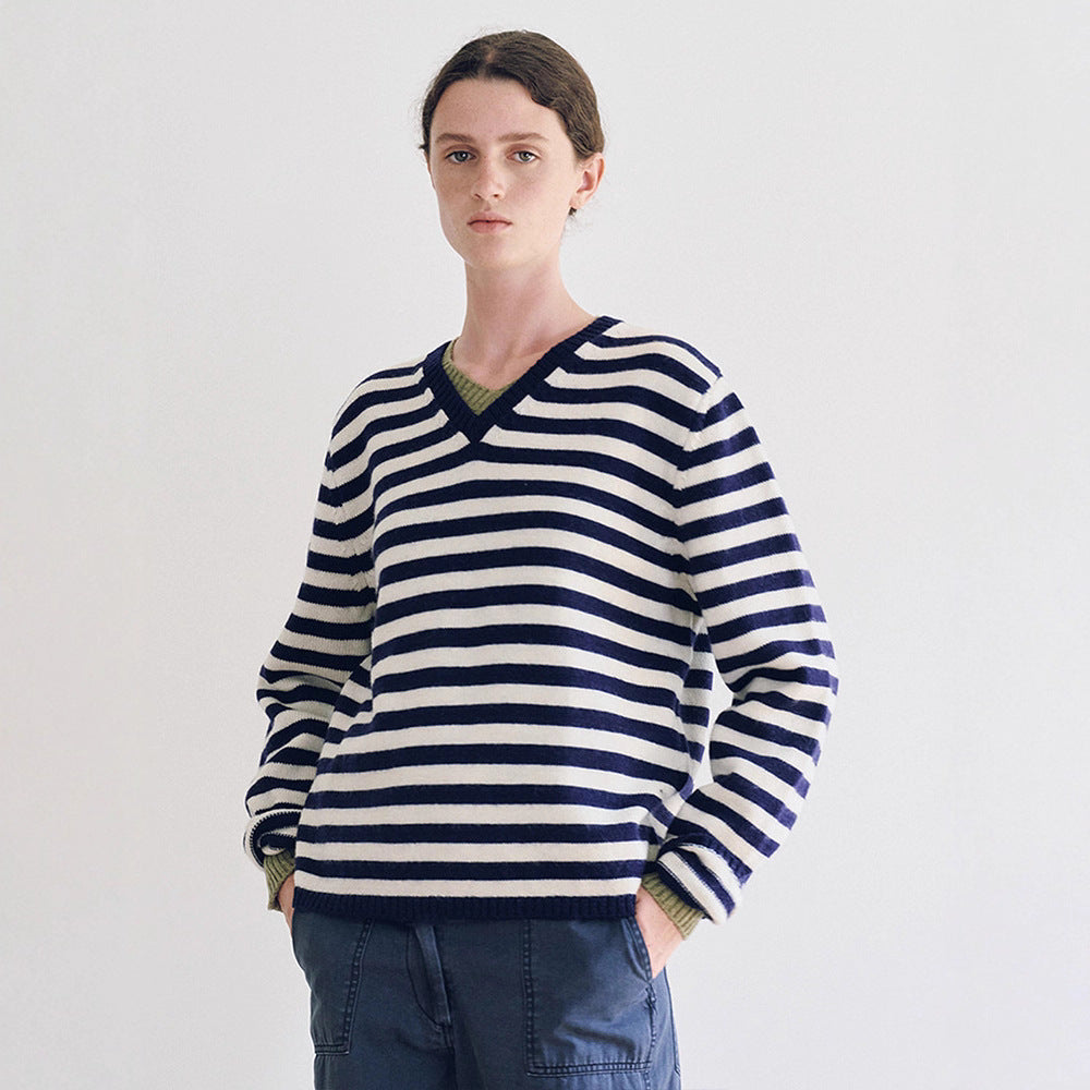 Damen V-Ausschnitt Pullover mit Streifenmuster Drune
