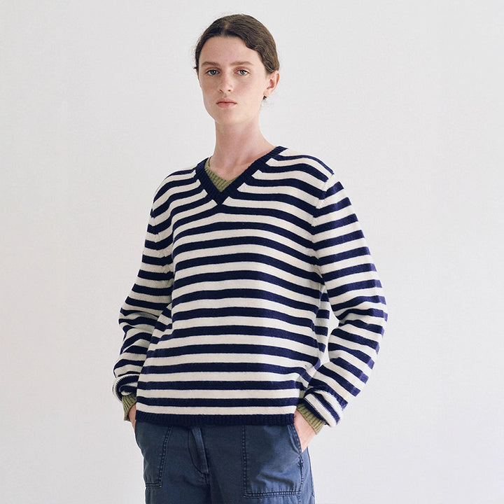 Damen V-Ausschnitt Pullover mit Streifenmuster Drune