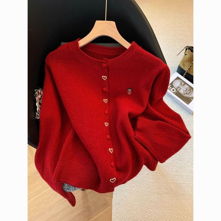 Damen kuschelige Strickjacke mit Herz- und Erdbeerenapplikationen Drune