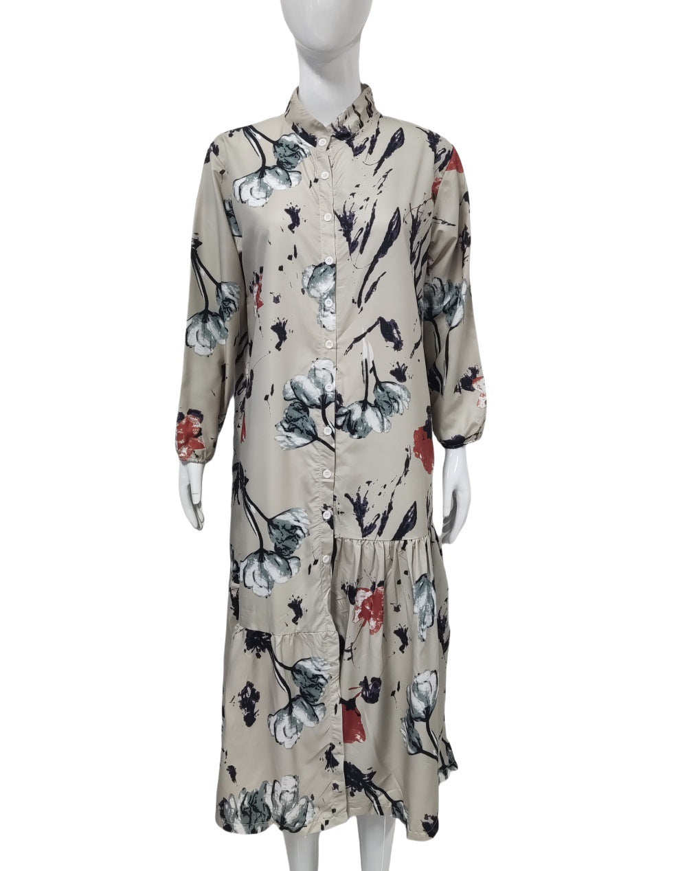Damen Hemdblusenkleid mit Aquarell-Blumenprint, Stehkragen & Stufenrock Drune