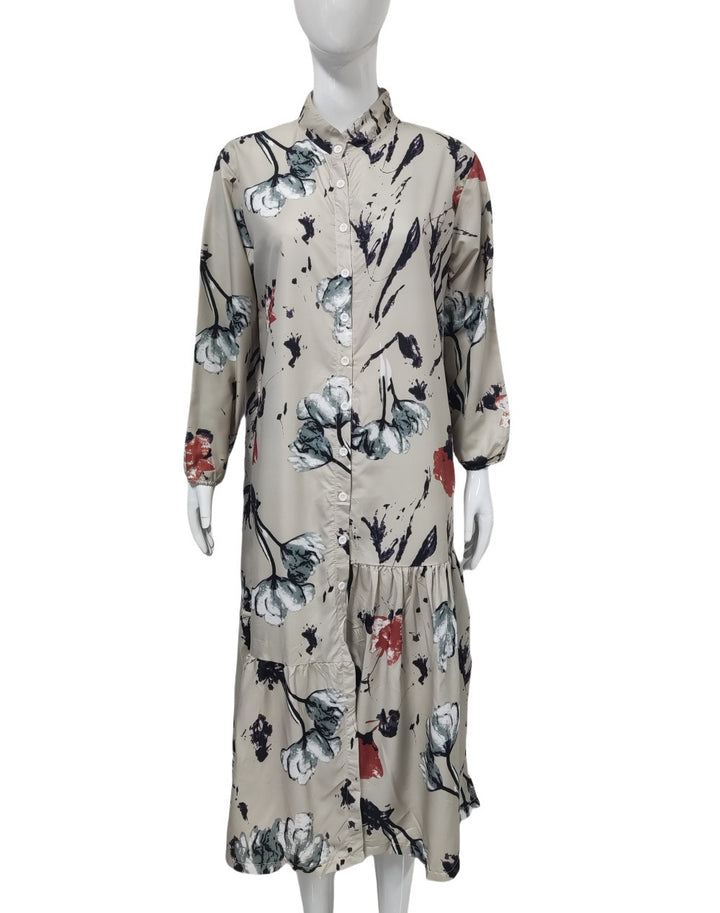 Damen Hemdblusenkleid mit Aquarell-Blumenprint, Stehkragen & Stufenrock Drune