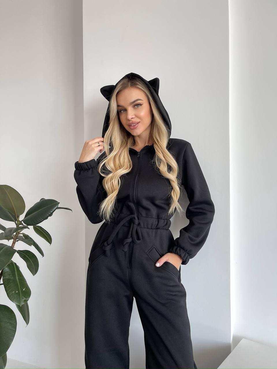 Damen Kuscheliger Kapuzen-Overall mit Katzenohren und Taillenzug Drune