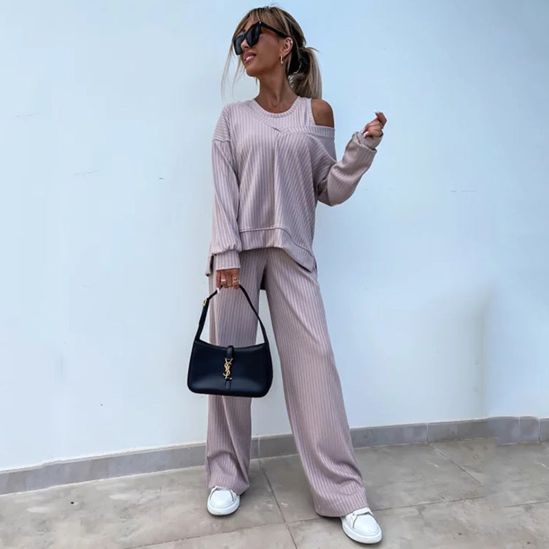 Damen lässiges Rippsweat-Lounge-Set mit Off-Shoulder-Sweatshirt und weit geschnittener High-Waist-Hose Drune