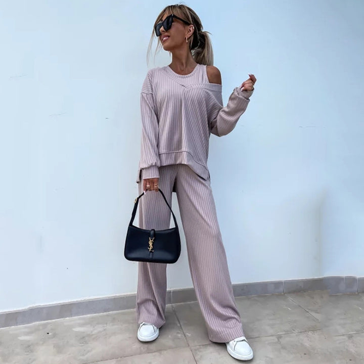 Damen lässiges Rippsweat-Lounge-Set mit Off-Shoulder-Sweatshirt und weit geschnittener High-Waist-Hose Drune