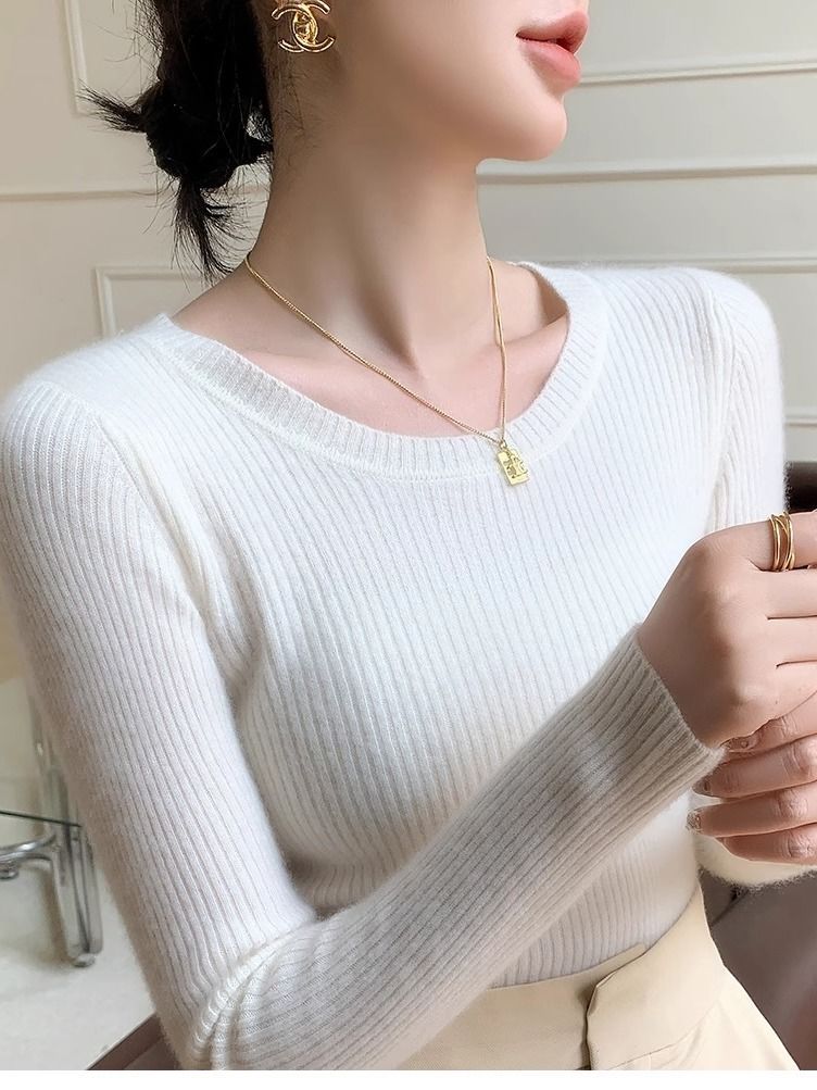 Damen feiner Rippstrickpullover mit Rundhalsausschnitt Drune