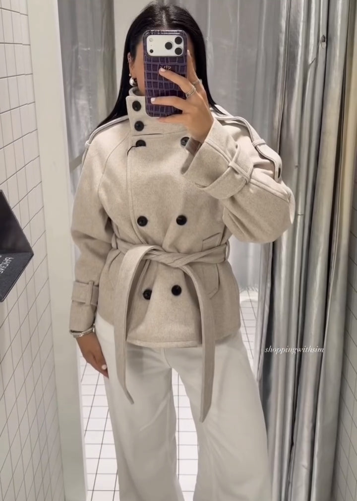 Damen Kurzblouson‑Trenchcoat aus Wollmix mit hohem Stehkragen und Bindegürtel Drune
