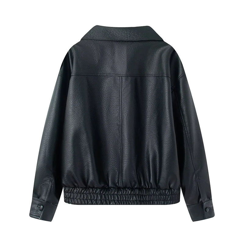 Damen nan kurzer Oversize Kunstleder-Blouson mit Schalkragen, Druckknopf-Doppelreihe und elastischem Saum Drune