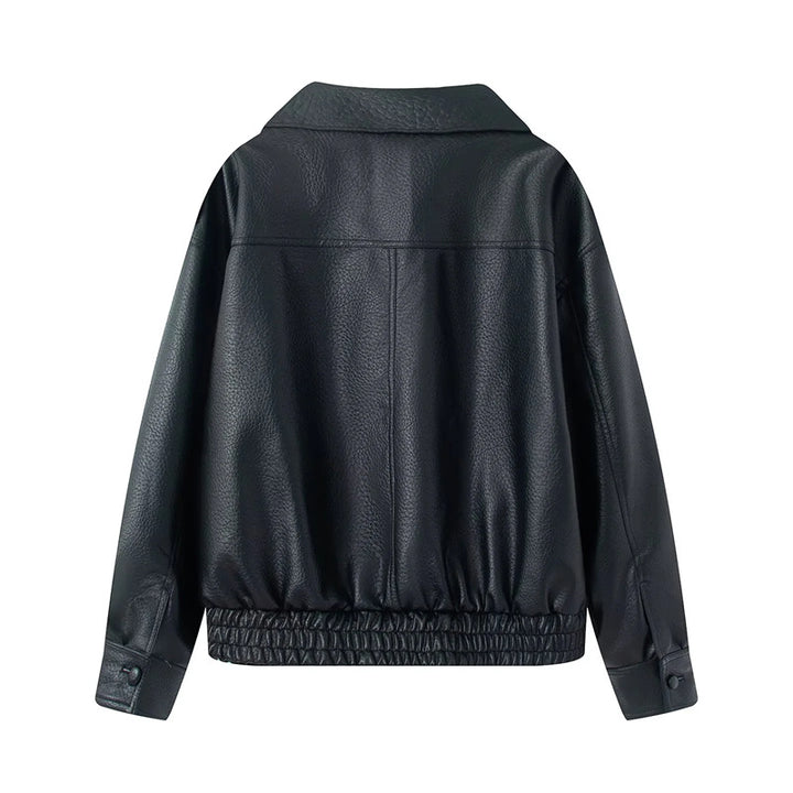Damen nan kurzer Oversize Kunstleder-Blouson mit Schalkragen, Druckknopf-Doppelreihe und elastischem Saum Drune