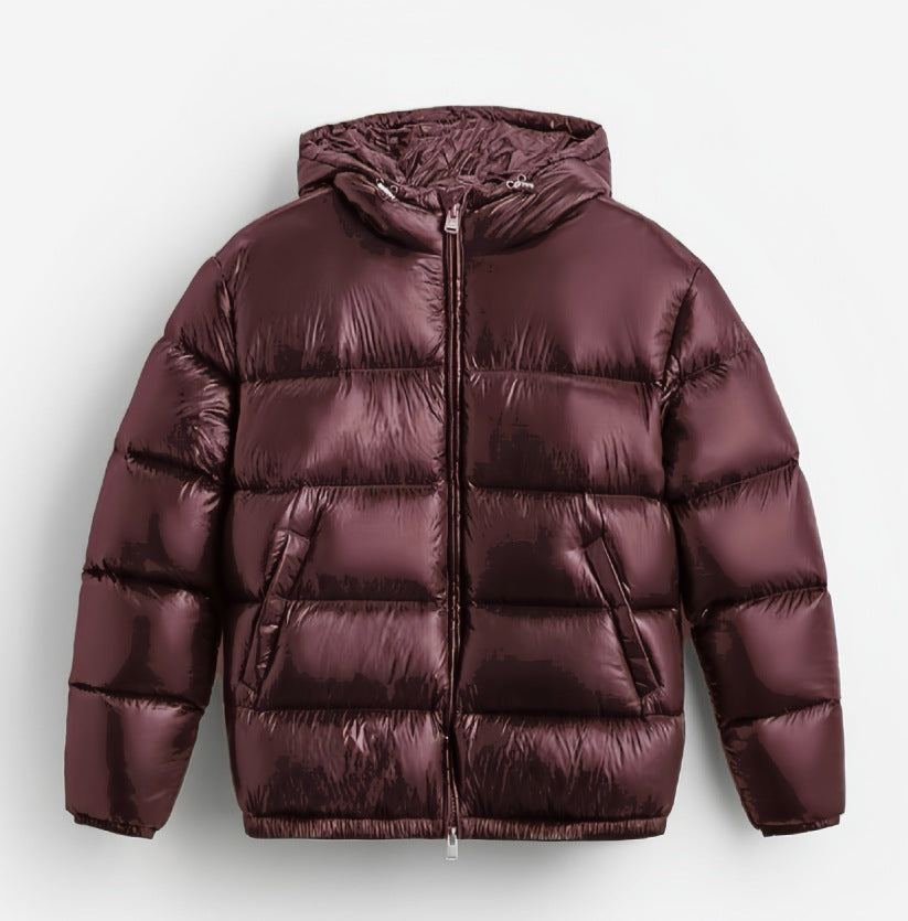 Damen Steppdaunenjacke mit Kapuze und Hochglanz-Oberfläche, Zwei-Wege-Reißverschluss und Kängurutaschen Drune
