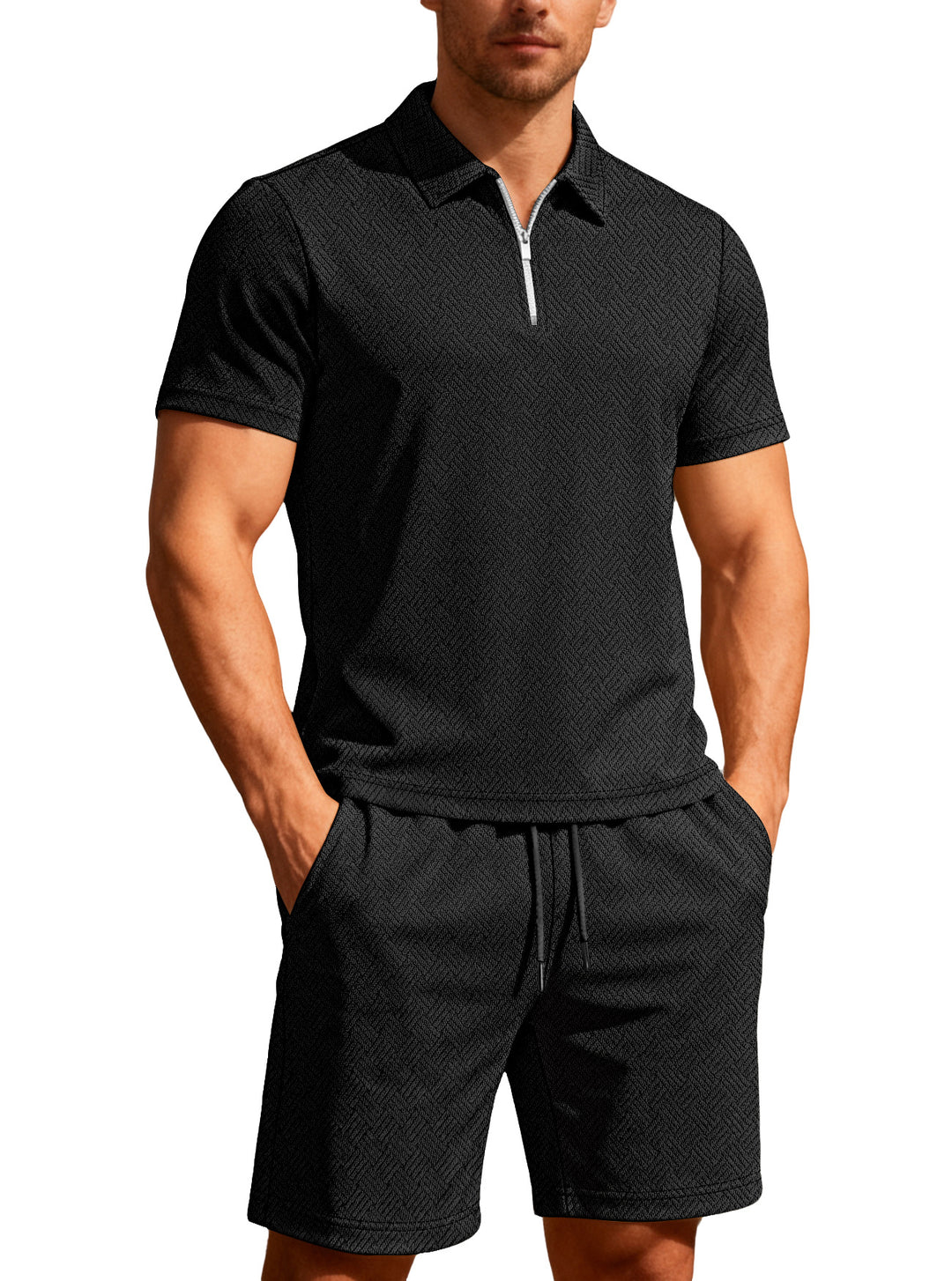 Herren nan komfortables Lounge-Zweiteiler aus strukturierter Baumwollmischung mit Halbzip-Poloshirt und Kordel-Shorts Drune